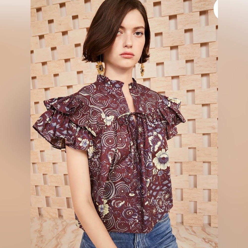 Ulla Johnson Letty Floral Flutter-Sleeve Top Size 2